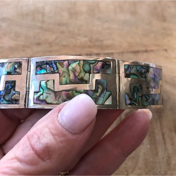 925 sterling silver & abalone gorgeous hinged link bracelet made in Mexico - Picture 4 of 16